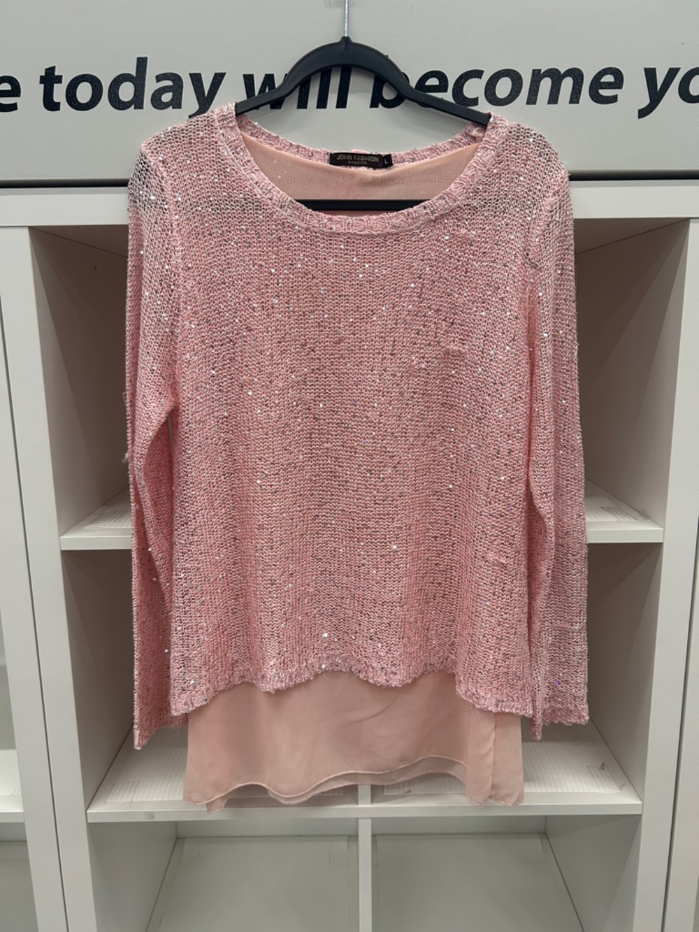 John Fashion Pink Sequin-Trim Crewneck Sweater